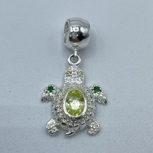 925 Sterling Silver Light Green Cubic Zirconia and Crystal Turtle Charm Dangle - Picture 3 of 6